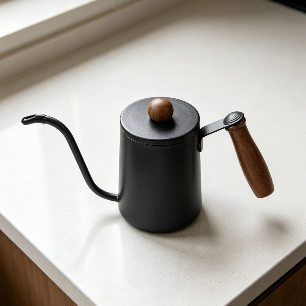 Black Stovetop Gooseneck Kettle with Wooden Handle 90° Spout