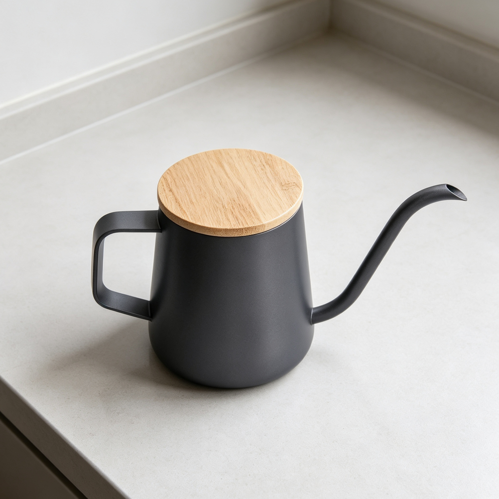 Black 350ml Stainless Steel Gooseneck Kettle Bamboo Lid Long Spout
